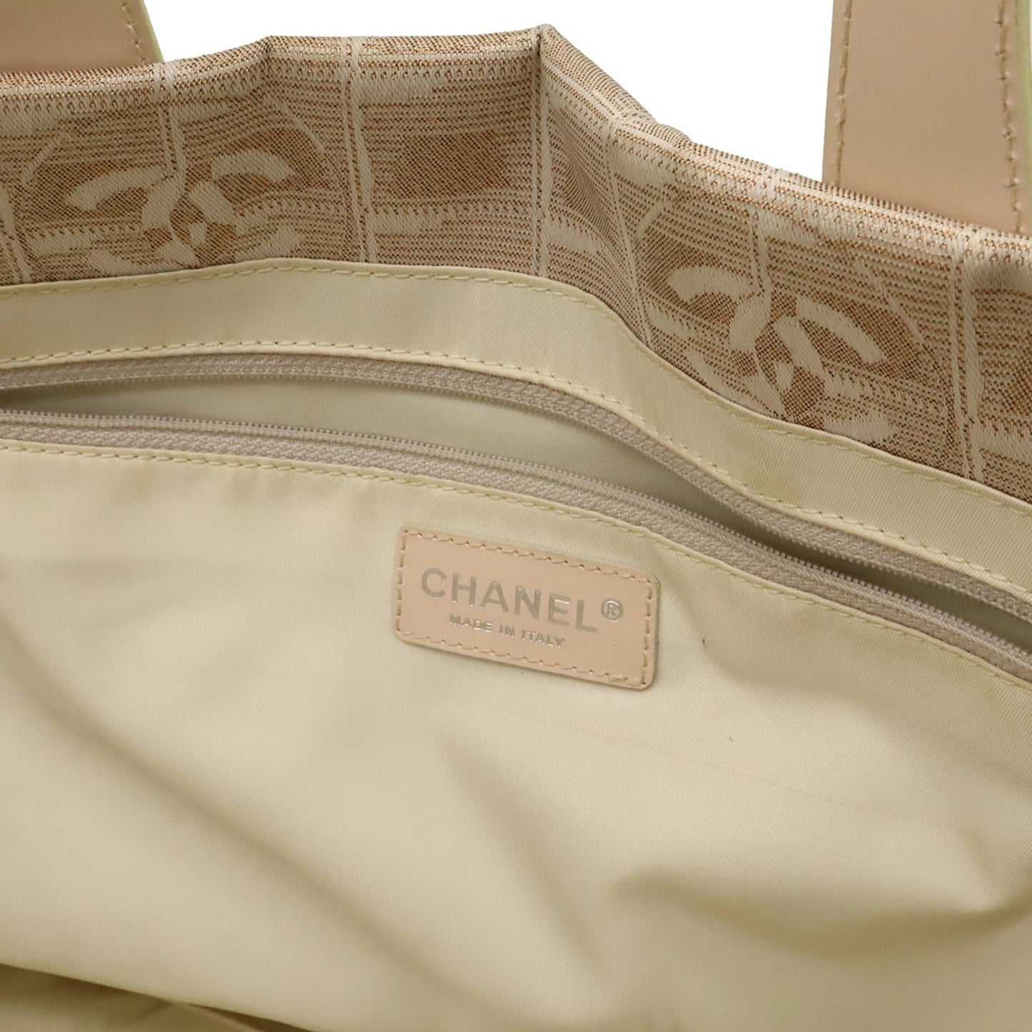 Chanel Beige Pink Pink Beige Nylon Leather Shoulder Bag Tote Bag (Pre-Owned)