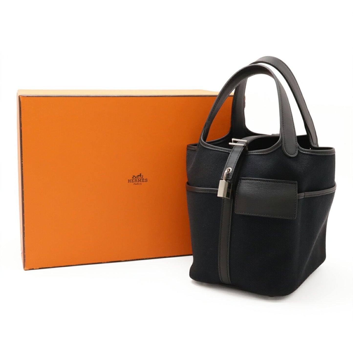 Hermes Black Swift Leather Cotton Canvas Handbag Tote Bag (Pre-Owned)