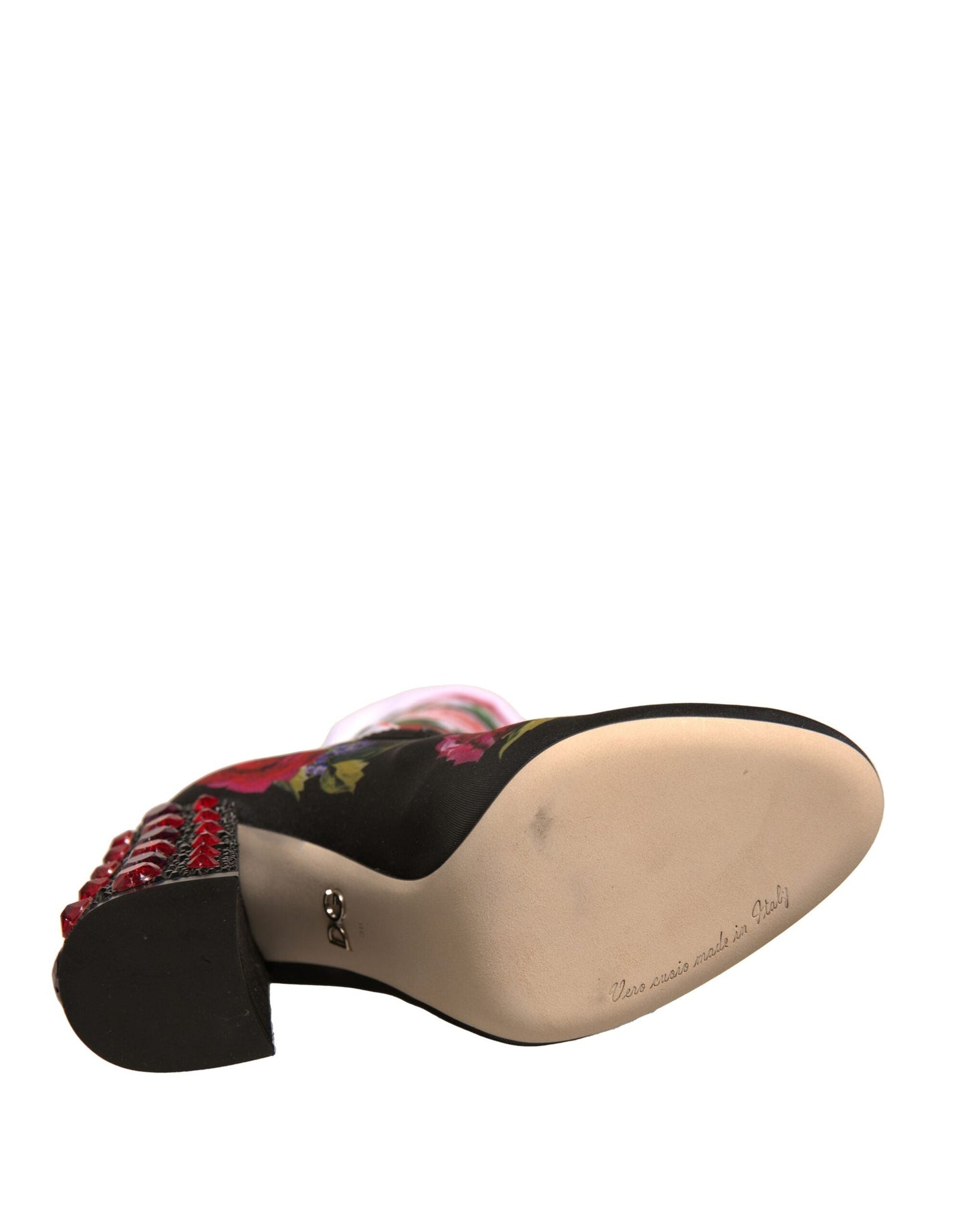 Dolce & Gabbana Black Floral Socks Crystal Boots Jersey Women's Shoes