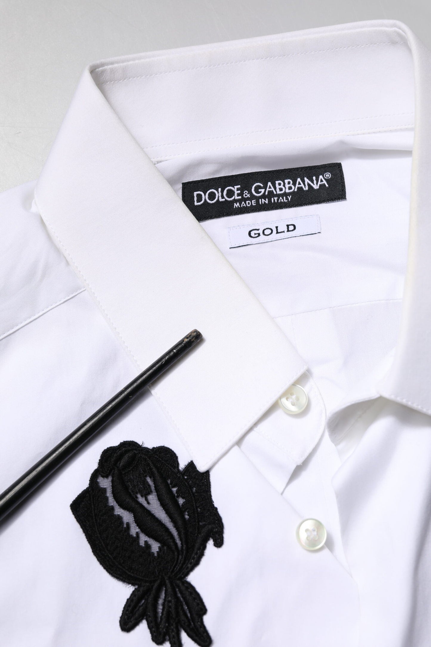 Dolce & Gabbana White Floral Embroidery Men GOLD Formal Men's Shirt (Pre-Owned)
