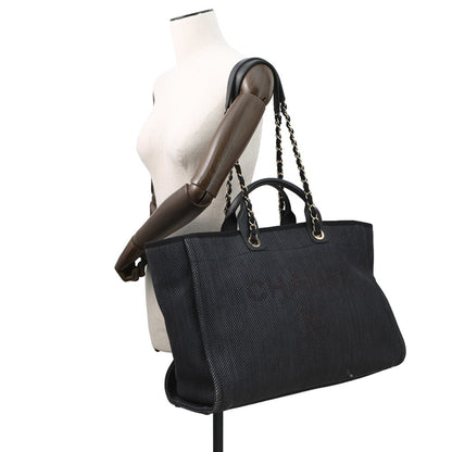 Chanel Navy Black Raffia Leather Shopping Bag Tote Bag (Pre-Owned)