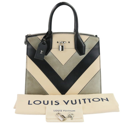Louis Vuitton Black Gray Ivory Leather Suede Handbag Tote Bag (Pre-Owned)