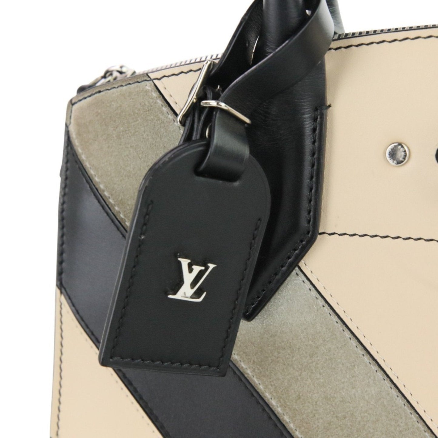 Louis Vuitton Black Gray Ivory Leather Suede Handbag Tote Bag (Pre-Owned)