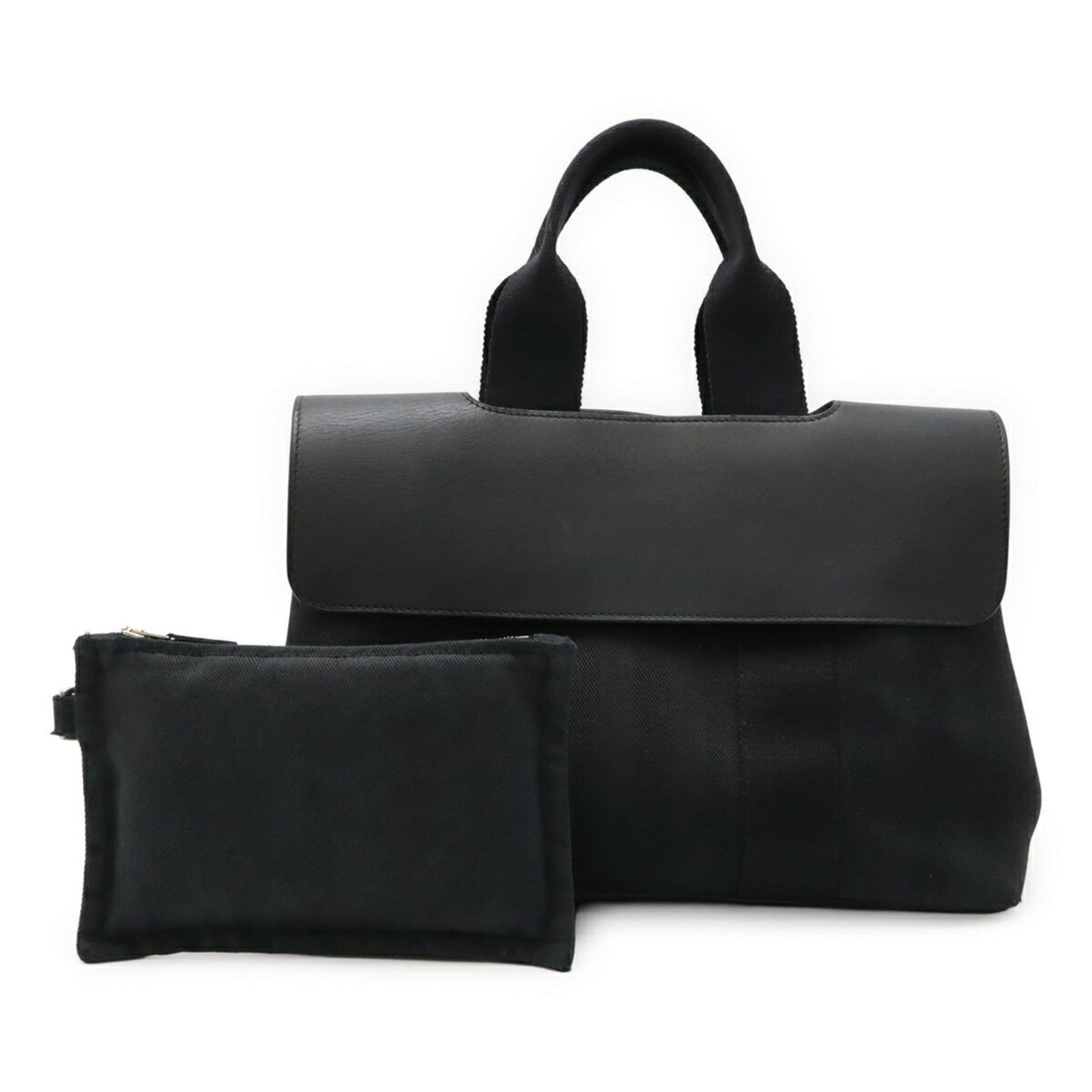 Hermes Black Toile Chevron Leather Handbag Pouch Tote Bag (Pre-Owned)