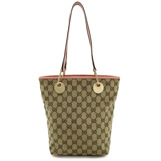 Gucci Beige Khaki Pink Canvas Leather Shoulder Bag Tote Bag (Pre-Owned)