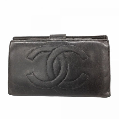 Chanel Black Leather Long Wallet (Bi-Fold) (Pre-Owned)
