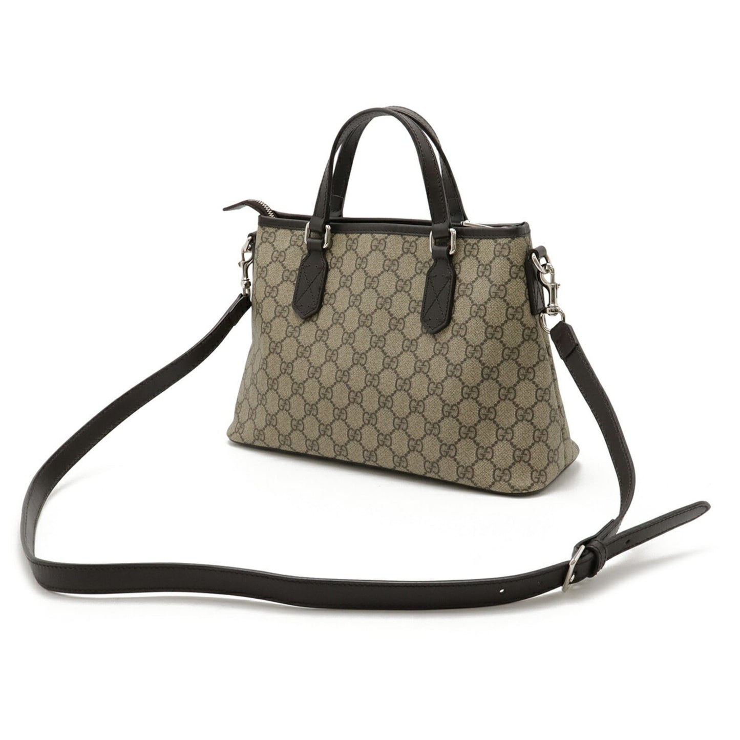 Gucci Beige Brown Dark Brown Gg Supreme Canvas Leather Handbag Shoulder Bag Tote Bag (Pre-Owned)