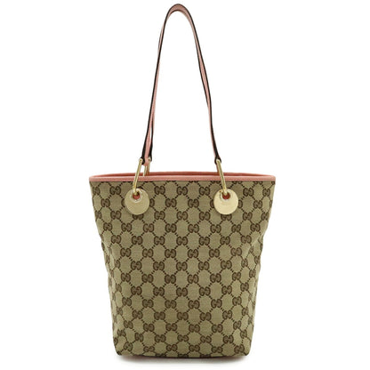 Gucci Beige Khaki Pink Canvas Leather Shoulder Bag Tote Bag (Pre-Owned)