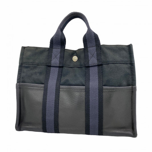 Hermes Black Gray Canvas Leather Handbag (Pre-Owned)