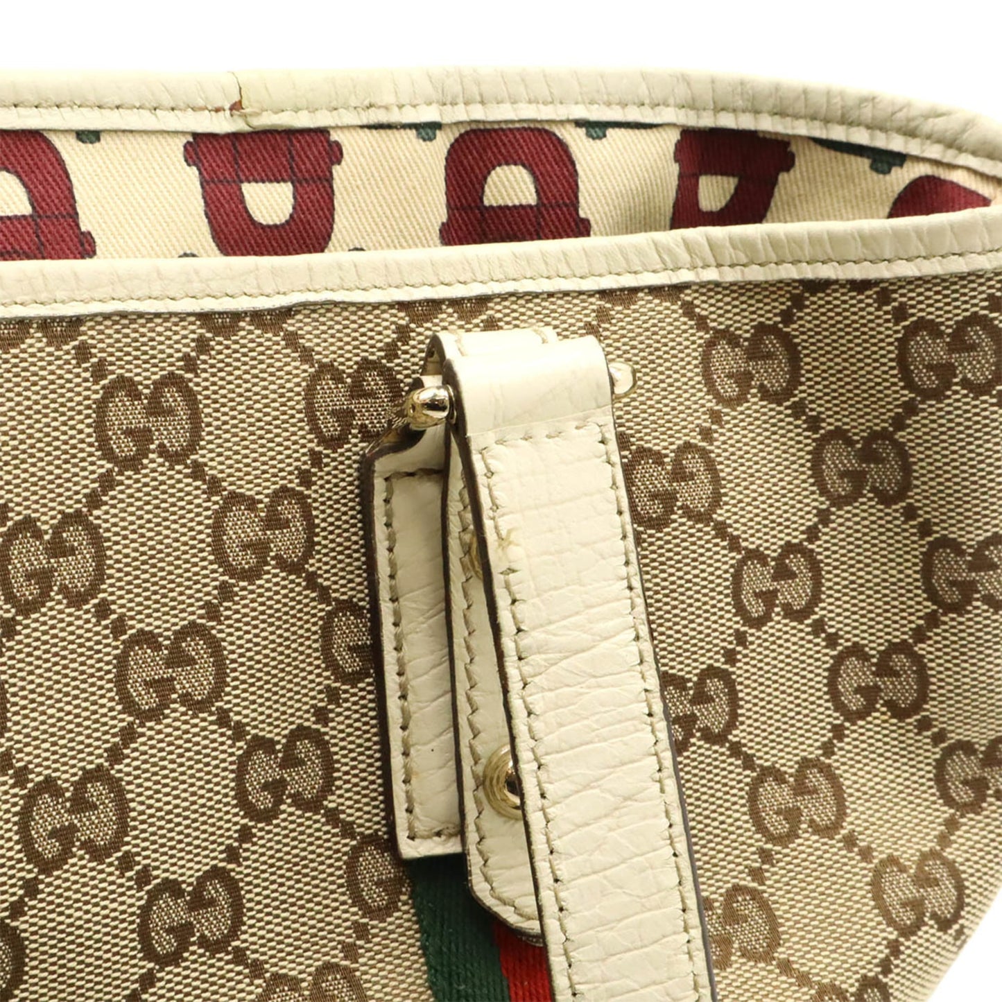 Gucci Beige Green Ivory Red Color Canvas Leather Shoulder Bag Tote Bag (Pre-Owned)