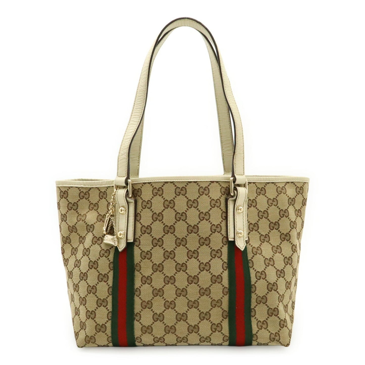 Gucci Beige Green Ivory Red Color Canvas Leather Shoulder Bag Tote Bag (Pre-Owned)