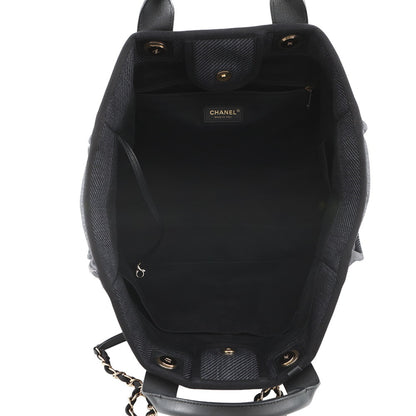 Chanel Navy Black Raffia Leather Shopping Bag Tote Bag (Pre-Owned)