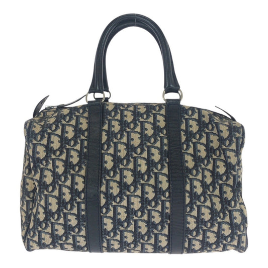 Christian Dior Beige Navy Canvas Leather Boston Bag Tote Bag (Pre-Owned)