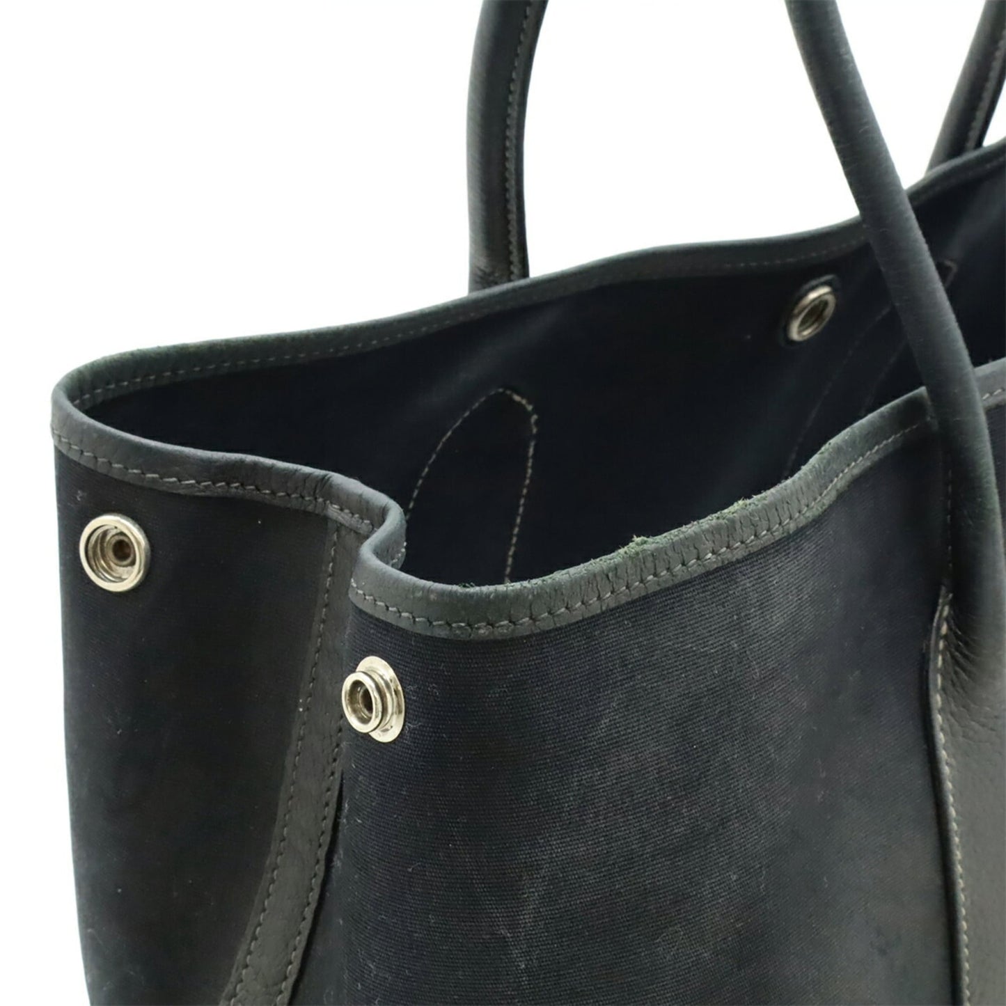 Hermes Garden Black Toile Officier Leather Handbag Tote Bag (Pre-Owned)