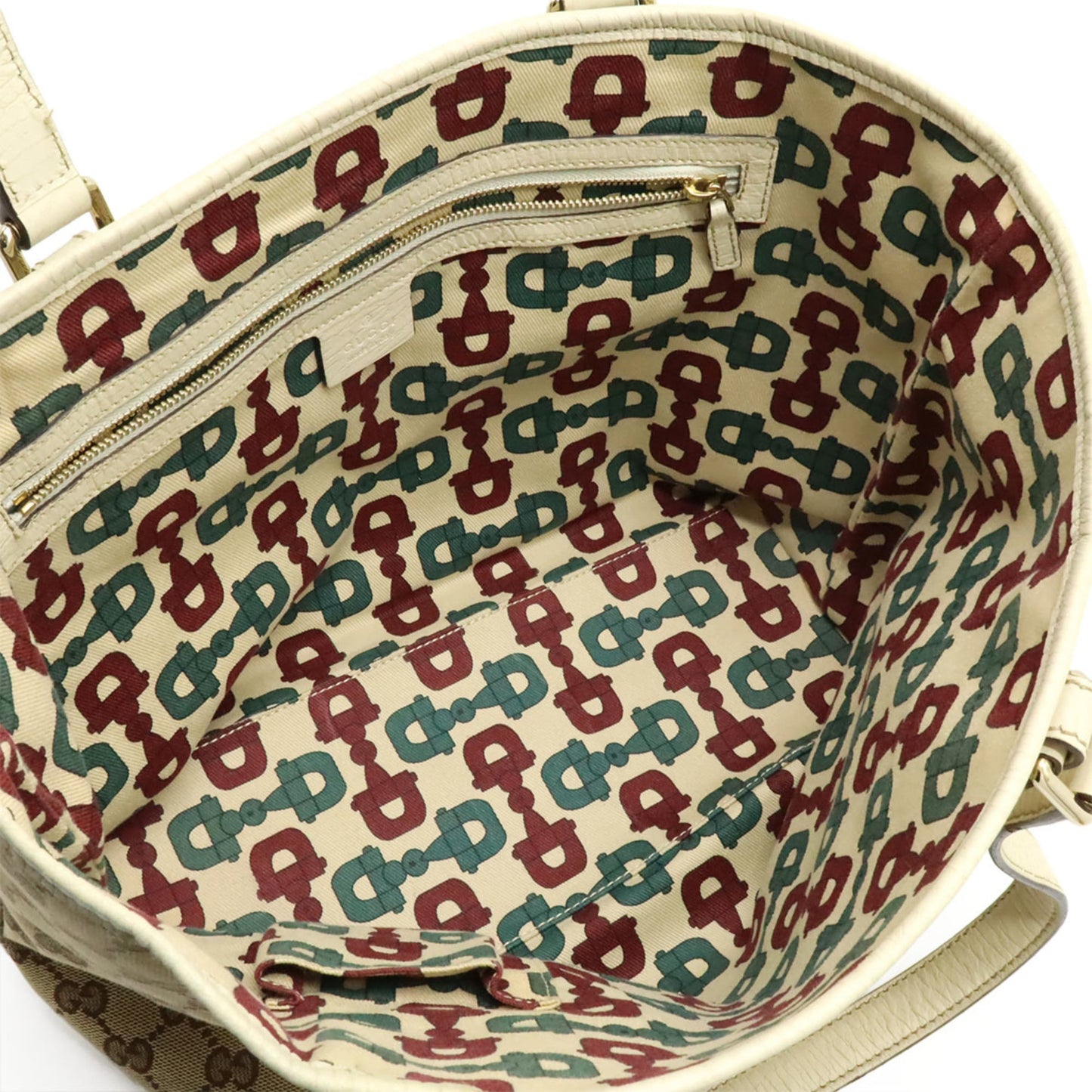 Gucci Beige Green Ivory Red Color Canvas Leather Shoulder Bag Tote Bag (Pre-Owned)