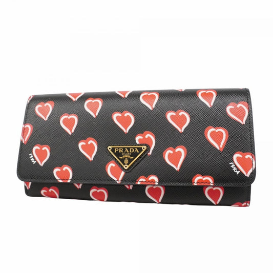 Prada Black Red Color Leather Long Wallet (Bi-Fold) (Pre-Owned)