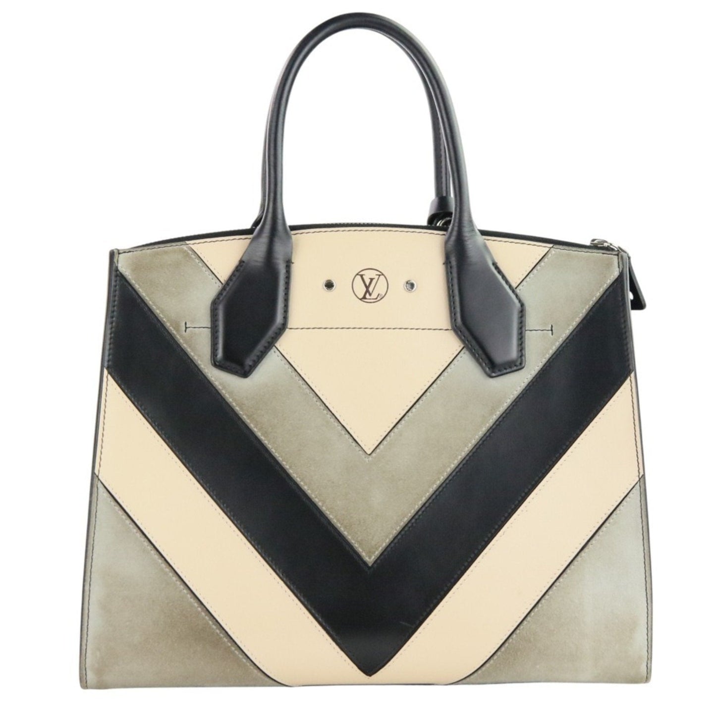 Louis Vuitton Black Gray Ivory Leather Suede Handbag Tote Bag (Pre-Owned)