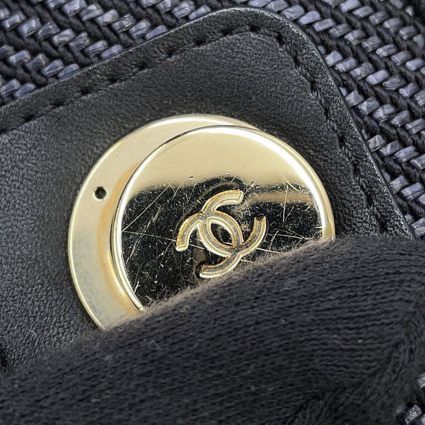 Chanel Navy Black Raffia Leather Shopping Bag Tote Bag (Pre-Owned)