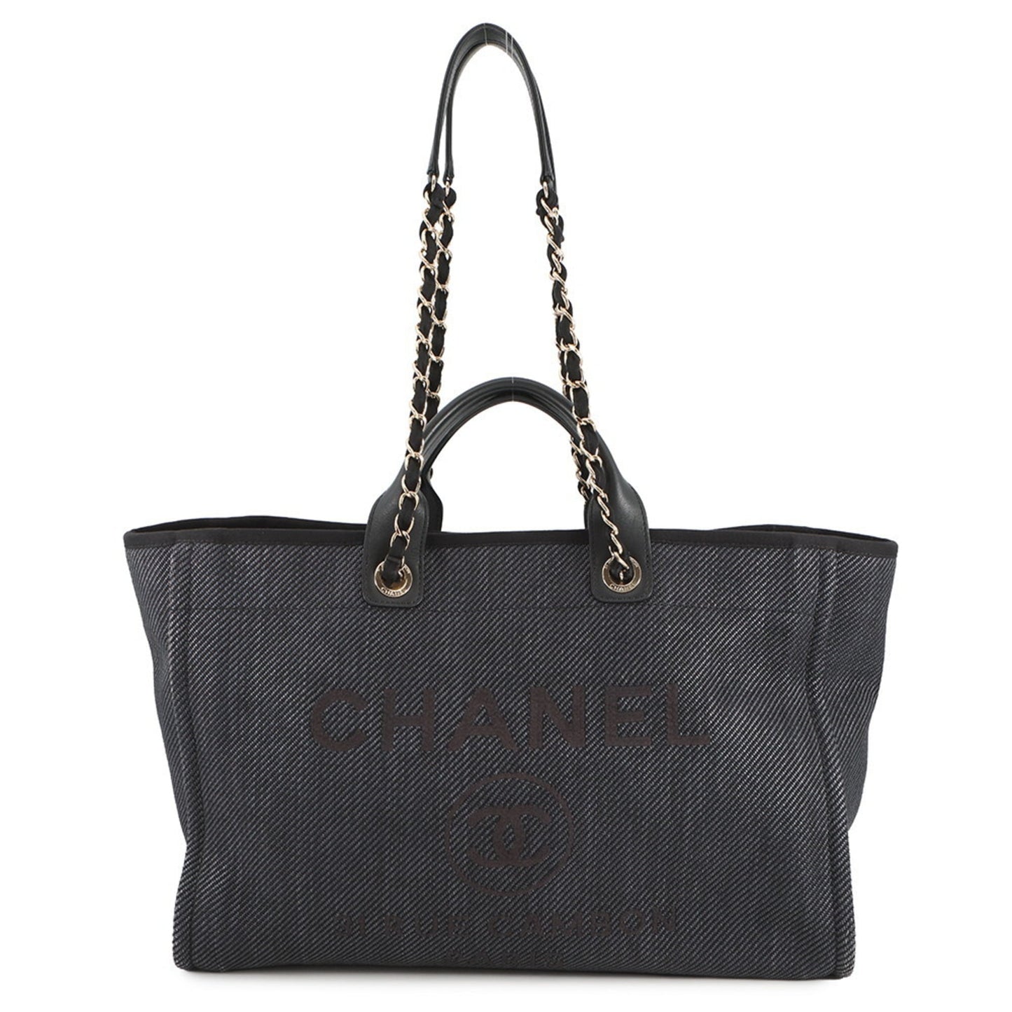 Chanel Navy Black Raffia Leather Shopping Bag Tote Bag (Pre-Owned)