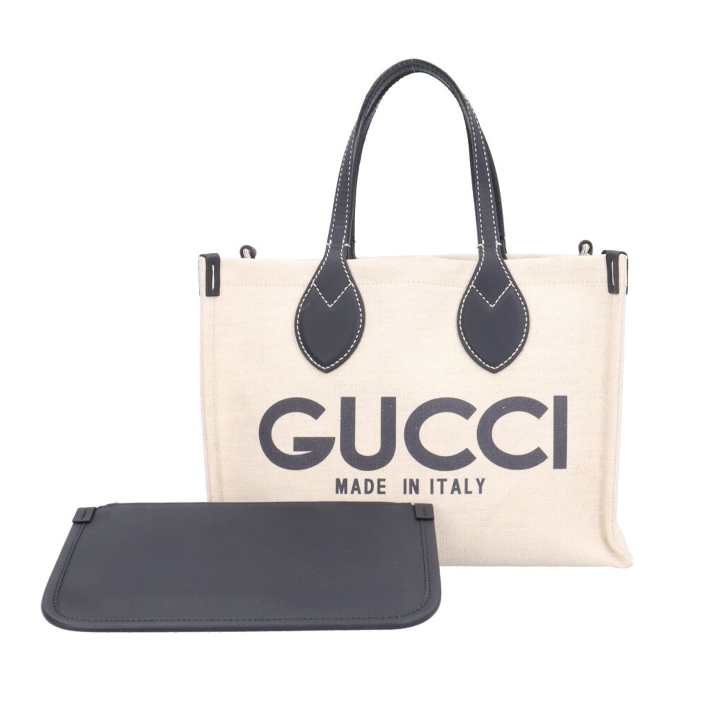 Gucci Beige Navy Canvas Leather Handbag (Pre-Owned)