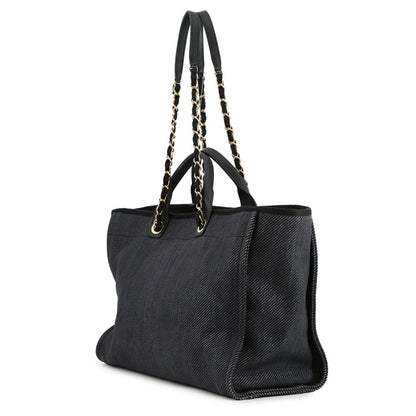 Chanel Navy Black Raffia Leather Shopping Bag Tote Bag (Pre-Owned)