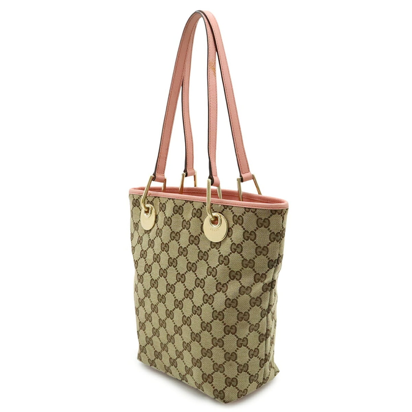 Gucci Beige Khaki Pink Canvas Leather Shoulder Bag Tote Bag (Pre-Owned)
