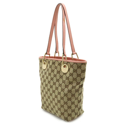 Gucci Beige Khaki Pink Canvas Leather Shoulder Bag Tote Bag (Pre-Owned)