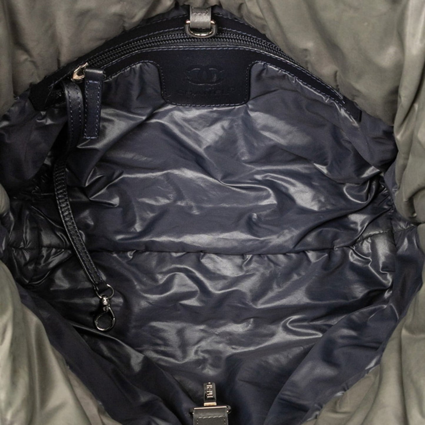 Chanel Khaki Navy Nylon Leather Handbag Tote Bag (Pre-Owned)