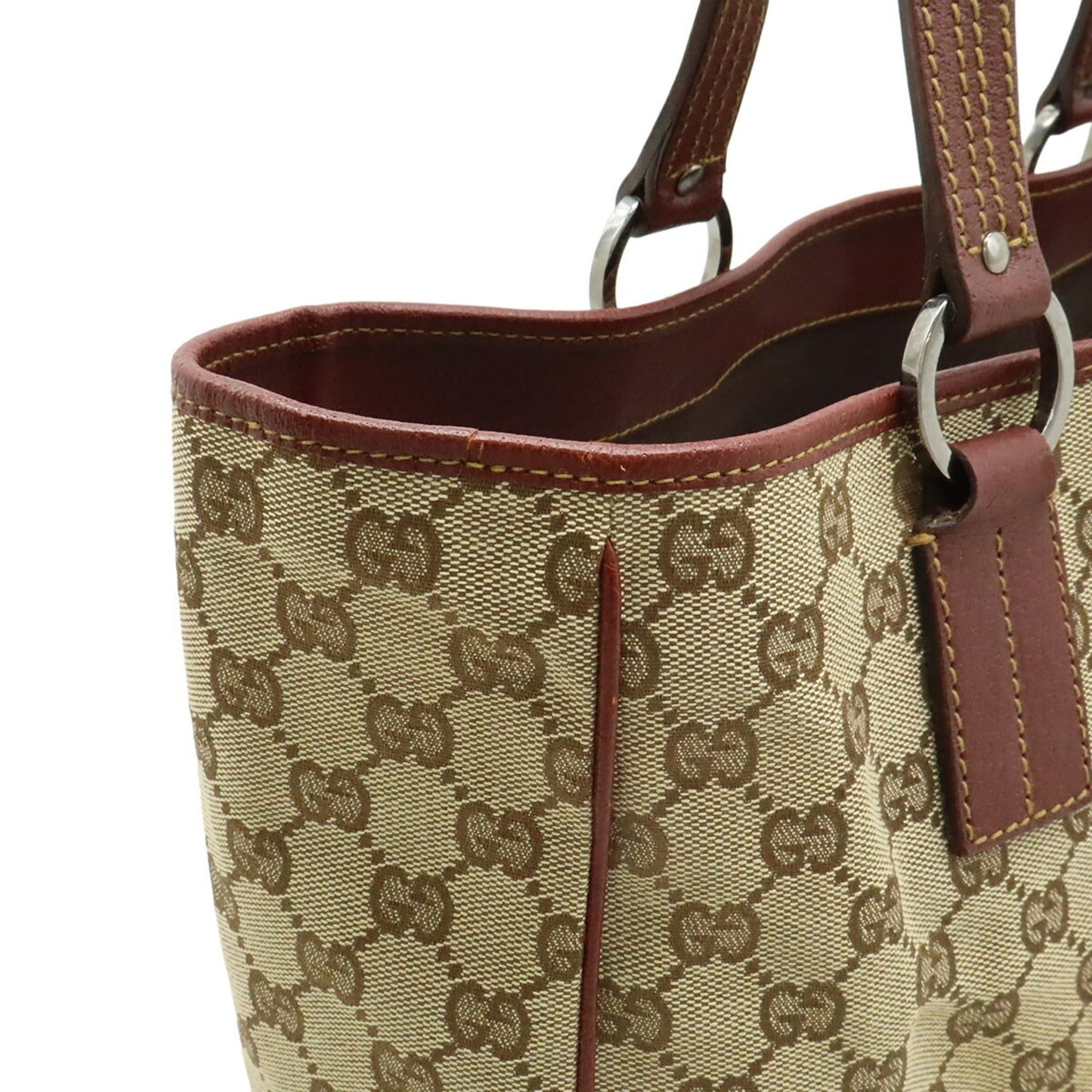 Gucci Beige Bordeaux Khaki Canvas Leather Shoulder Bag Tote Bag (Pre-Owned)