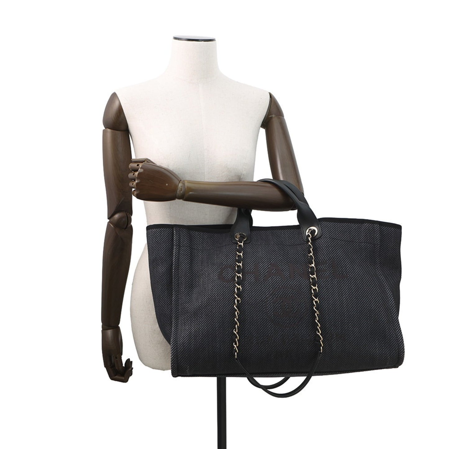 Chanel Navy Black Raffia Leather Shopping Bag Tote Bag (Pre-Owned)