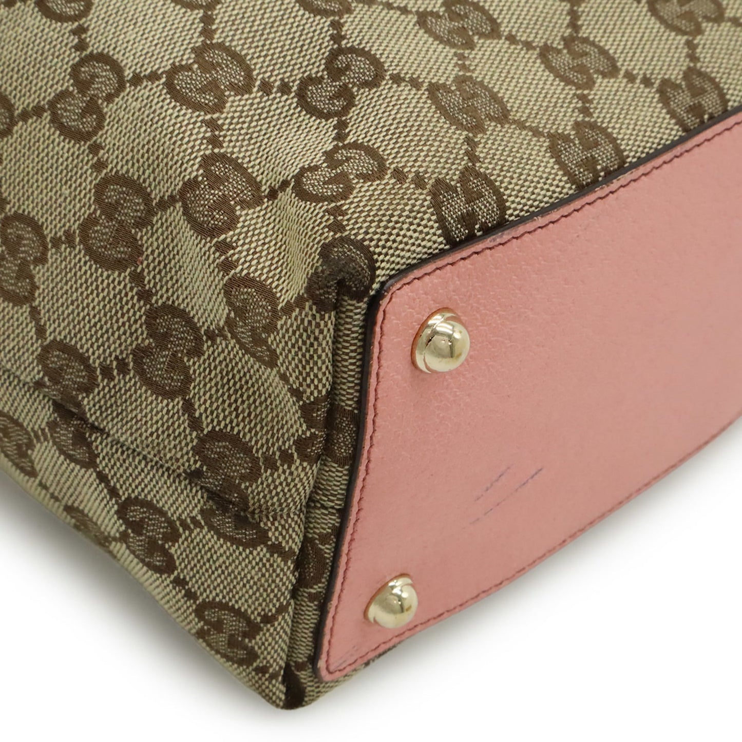 Gucci Beige Khaki Pink Canvas Leather Shoulder Bag Tote Bag (Pre-Owned)