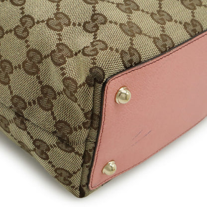 Gucci Beige Khaki Pink Canvas Leather Shoulder Bag Tote Bag (Pre-Owned)