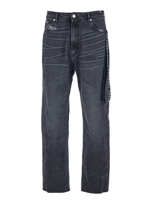 44 Label Group Men Black Jeans With Logo Patch On The Rear And Side Strap With Logo In Denim Man