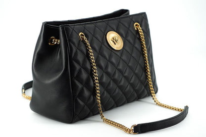 Versace Black Quilted Nappa Leather Medusa Tote Women's Handbag