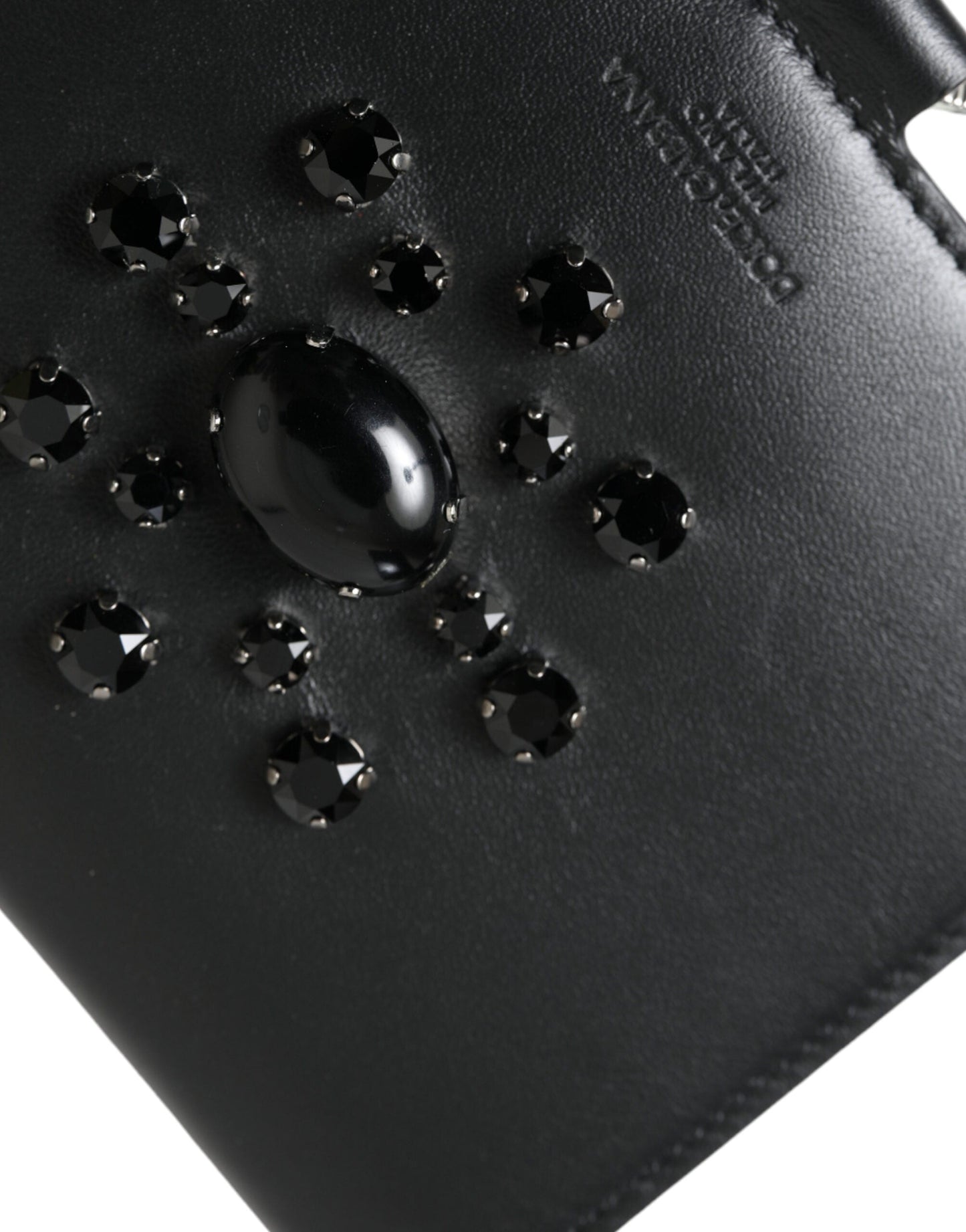Dolce & Gabbana Black Leather Crystal Embellished Card Holder Women's Wallet