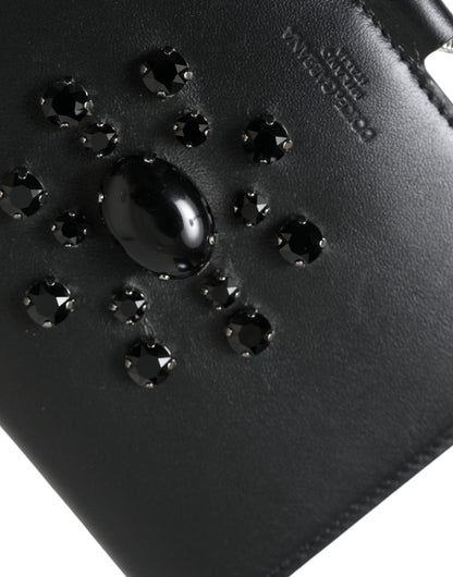 Dolce & Gabbana Black Leather Crystal Embellished Card Holder Women's Wallet