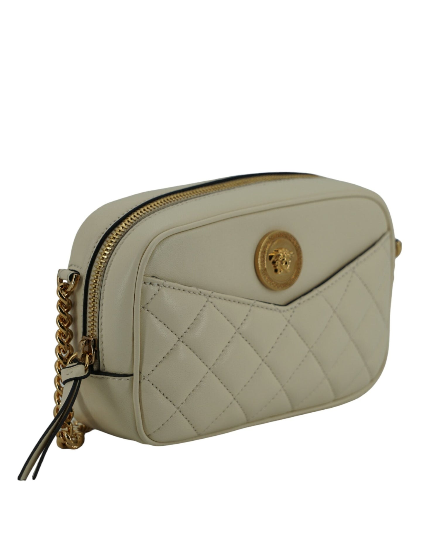 Versace White Lamb Leather Small Camera Crossbody Women's Bag