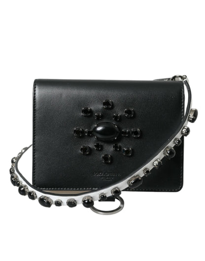 Dolce & Gabbana Black White Leather Crystal Embellished Cardholder Women's Wallet