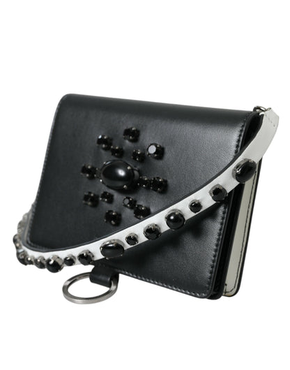 Dolce & Gabbana Black White Leather Crystal Embellished Cardholder Women's Wallet