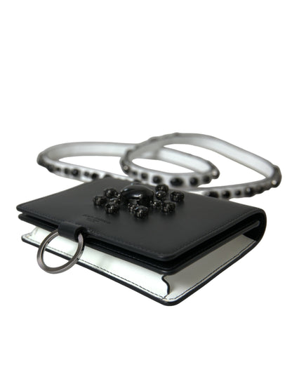 Dolce & Gabbana Black White Leather Crystal Embellished Cardholder Women's Wallet