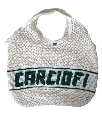 Dolce & Gabbana White Green Knitted Cotton Logo Shopping Tote Women's Bag
