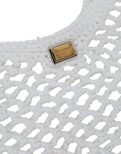 Dolce & Gabbana White Green Knitted Cotton Logo Shopping Tote Women's Bag