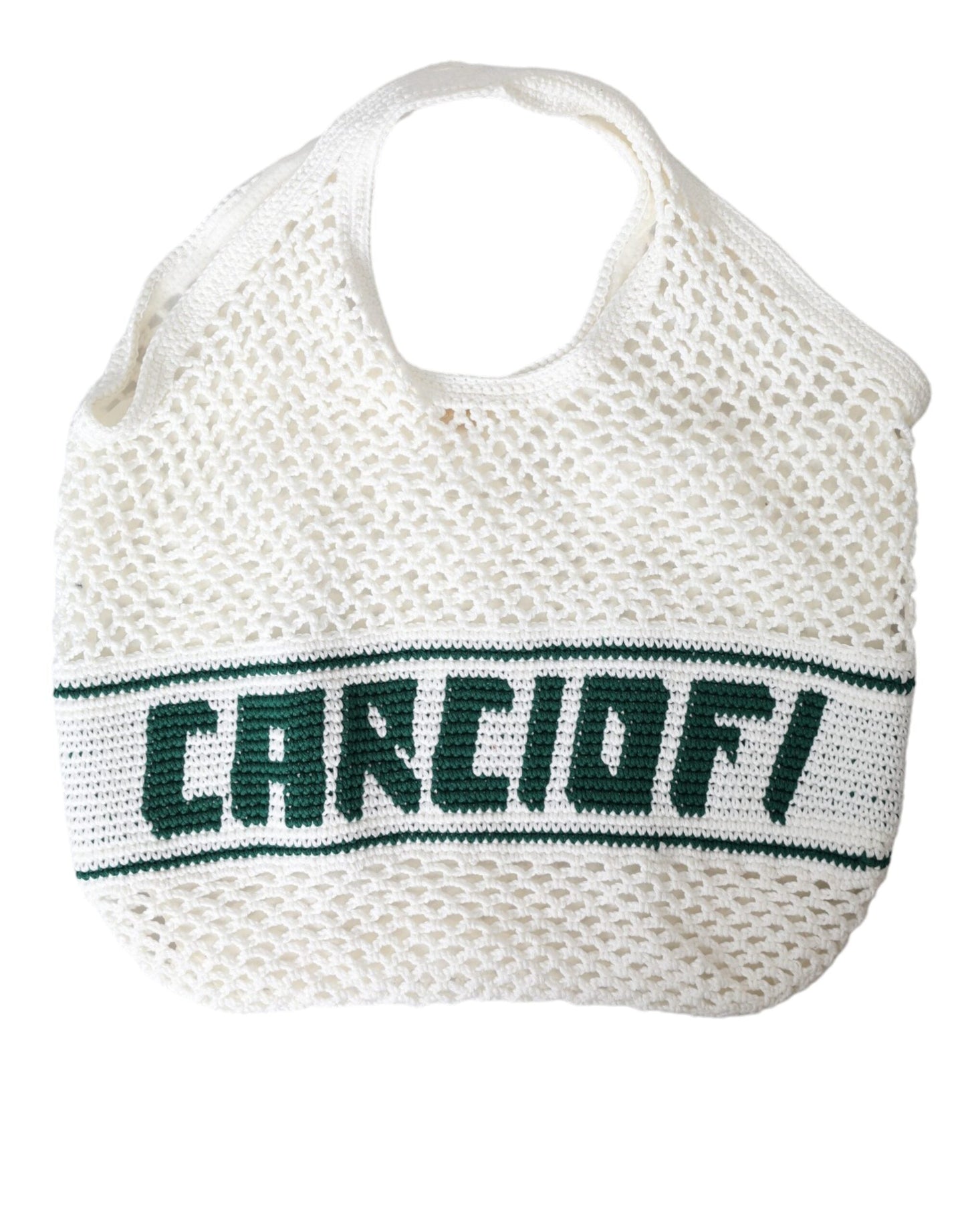 Dolce & Gabbana White Green Knitted Cotton Logo Shopping Tote Women's Bag