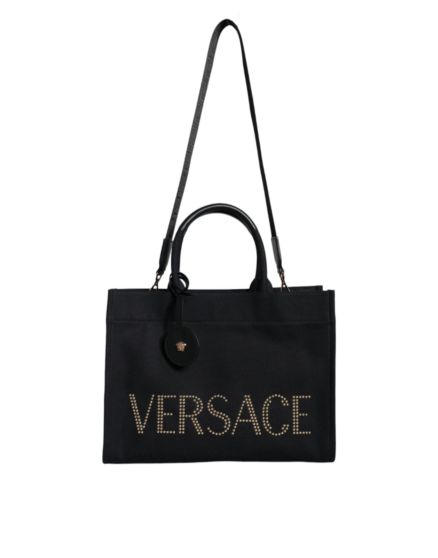Versace Black Top Handle Canvas Leather Logo Crossbody Tote Women's Bag