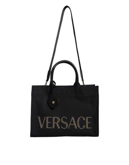 Versace Black Top Handle Canvas Leather Logo Crossbody Tote Women's Bag