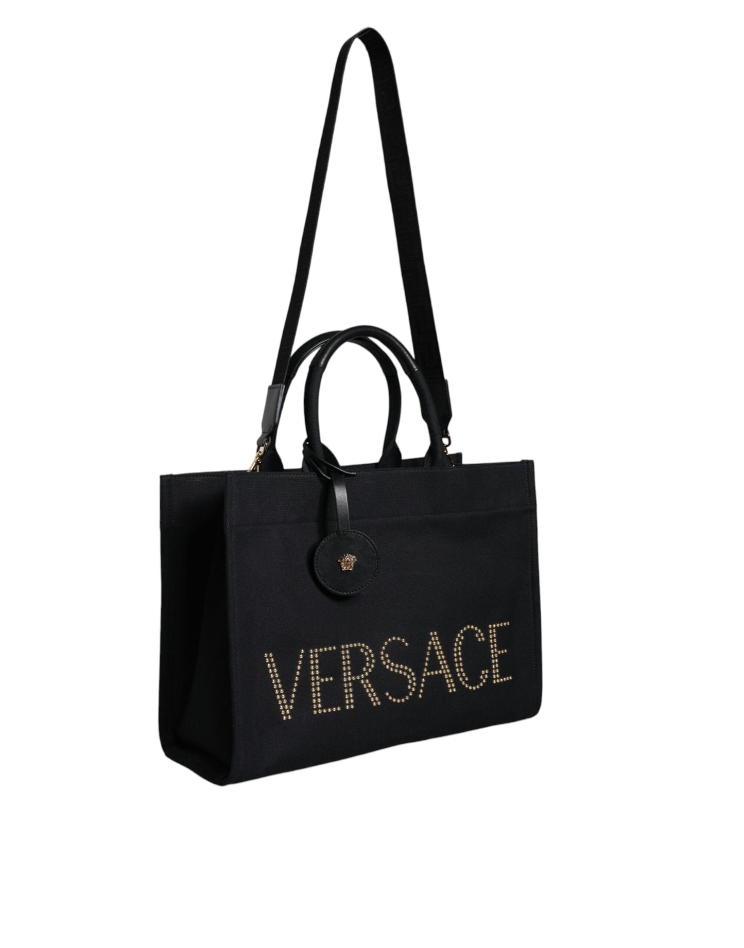 Versace Black Top Handle Canvas Leather Logo Crossbody Tote Women's Bag