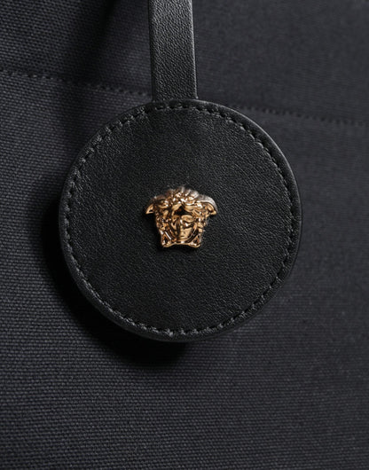 Versace Black Top Handle Canvas Leather Logo Crossbody Tote Women's Bag