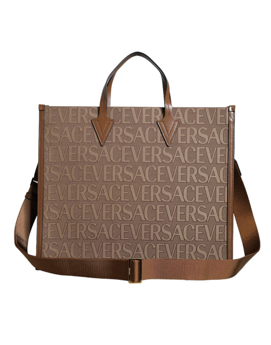 Versace Brown Top Handle Jacquard Leather Logo Crossbody Tote Women's Bag