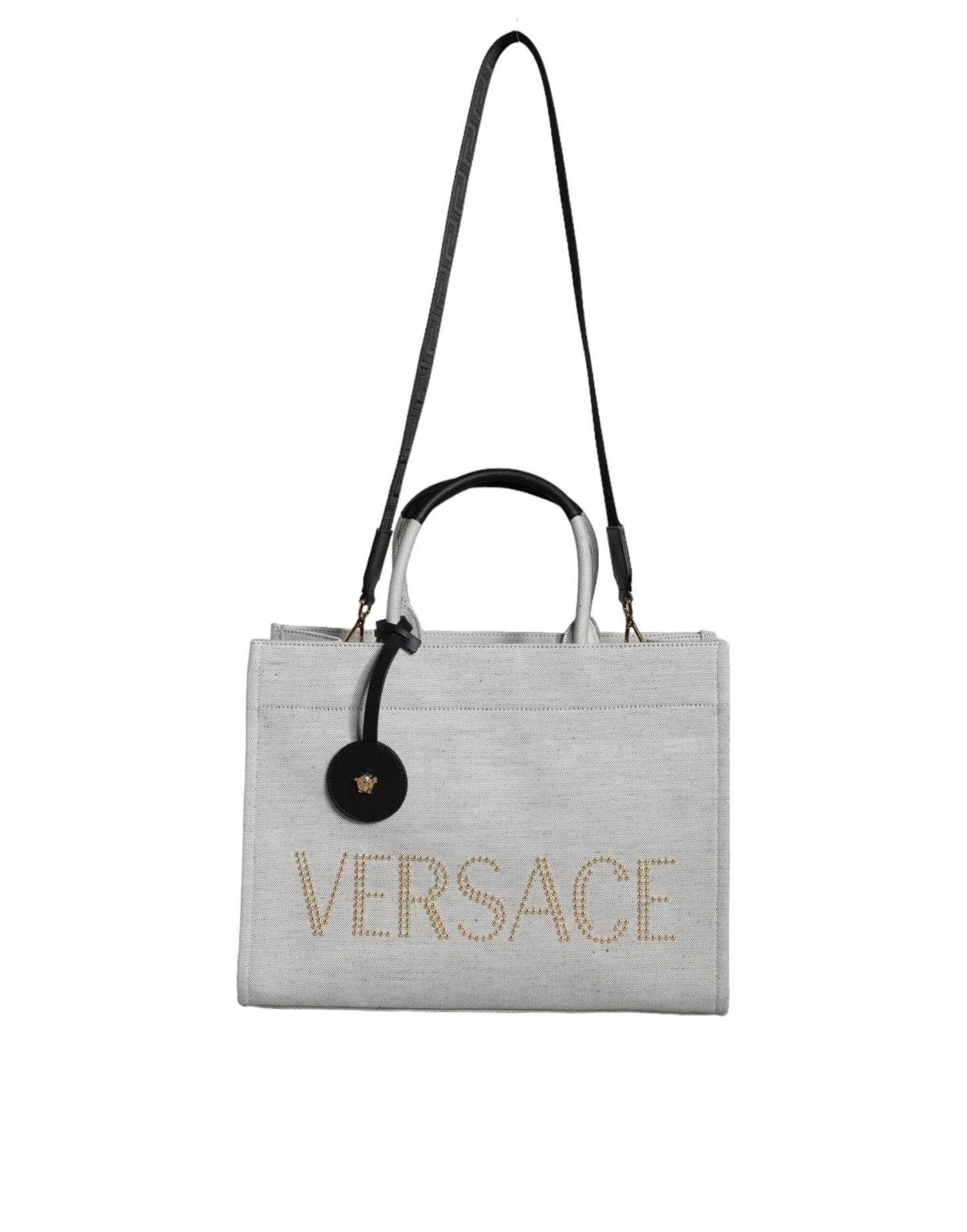 Versace White Top Handle Canvas Leather Logo Crossbody Tote Women's Bag