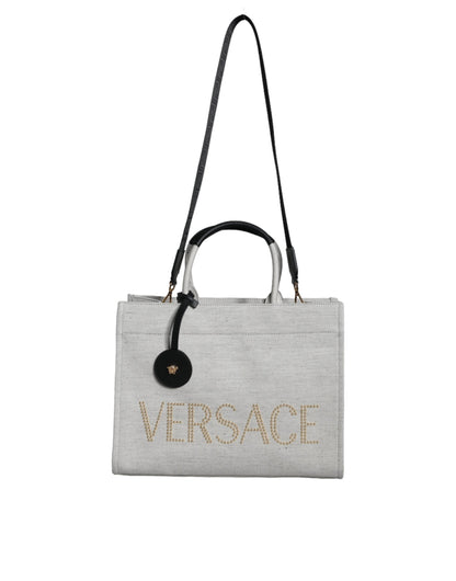 Versace White Top Handle Canvas Leather Logo Crossbody Tote Women's Bag